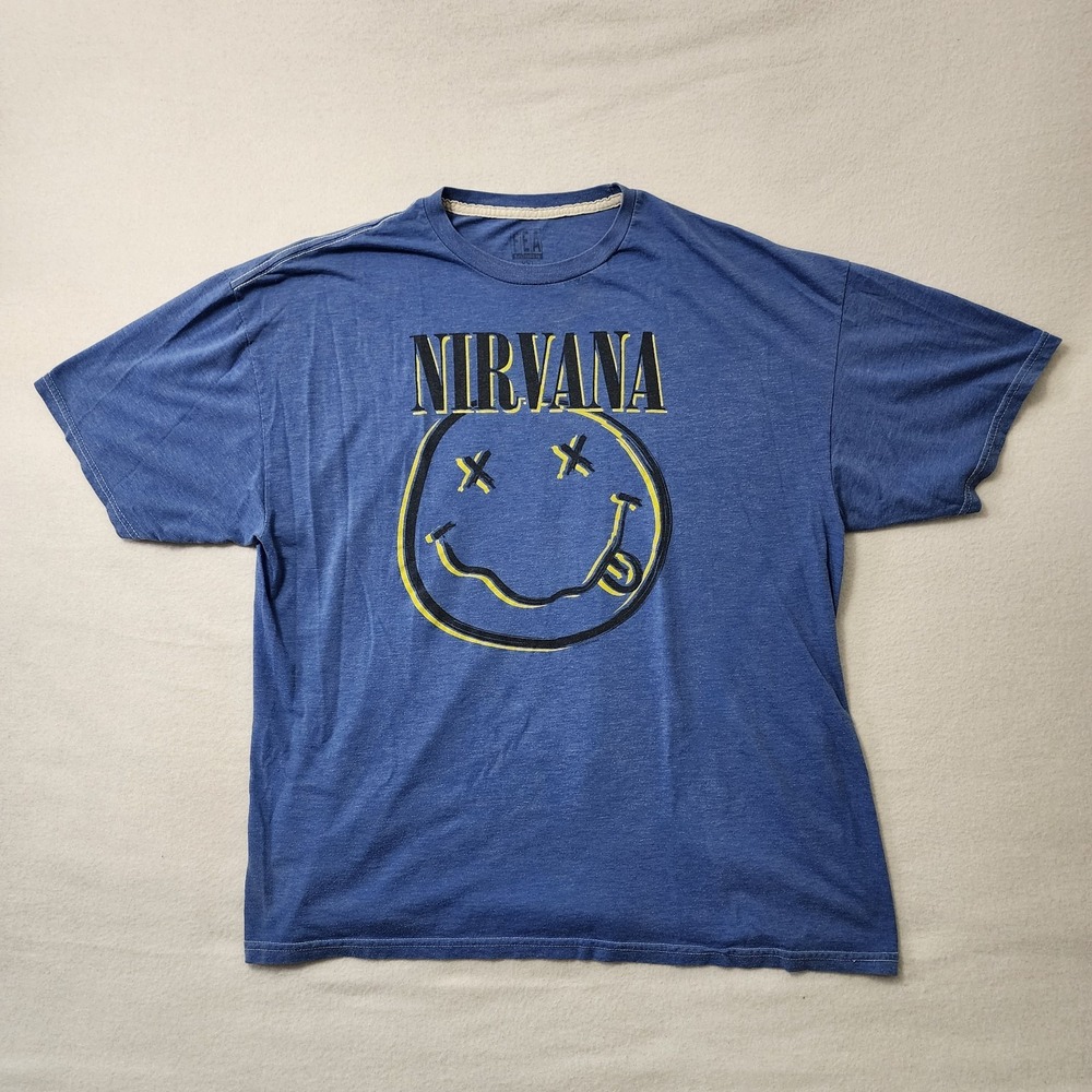 Vintage Y2k Nirvana T Shirt Mens 2XL Blue Smiley 00s 2009 Fea Rock Grunge Skater